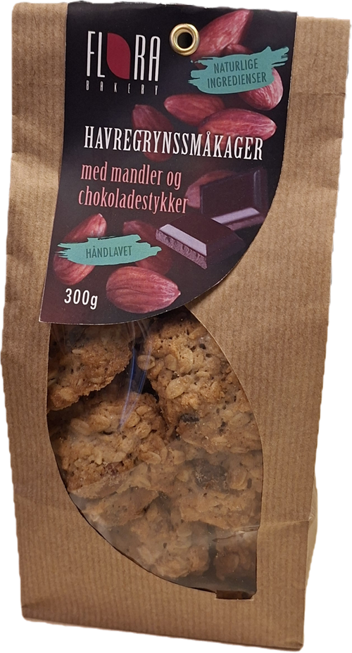 Havregrynssmåkager m. mandler og chokoladestykker 300 g.